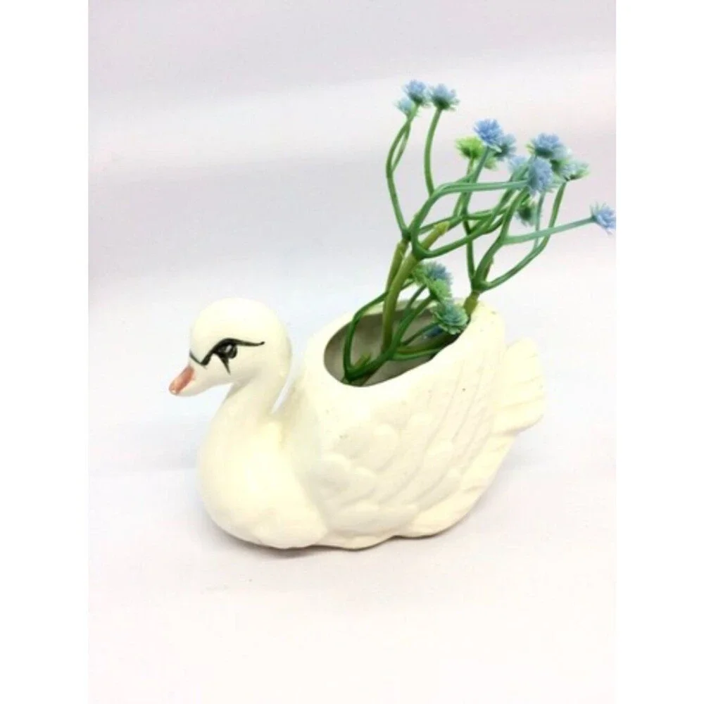 VINTAGE SWAN PLANTERS White Ceramic Pair Made In Japan MCM Bird Figurines